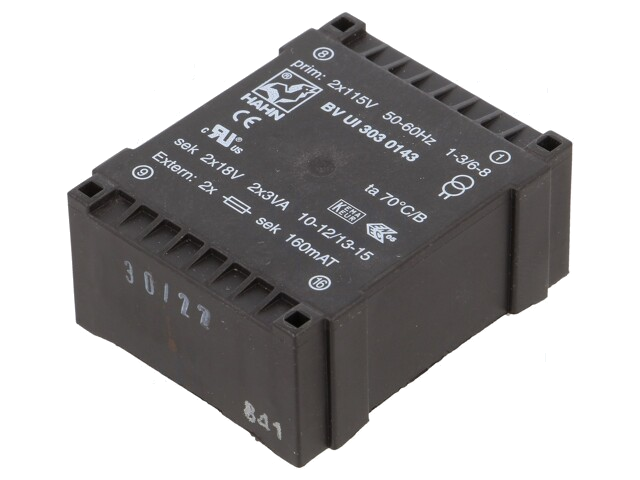 Transformator: ingegoten; 6VA; 115VACx2; 18V; 18V; 166mA; 166mA; PCB Transformator: ingegoten; 6VA; 115VACx2; 18V; 18V; 166mA; 166mA; PCB